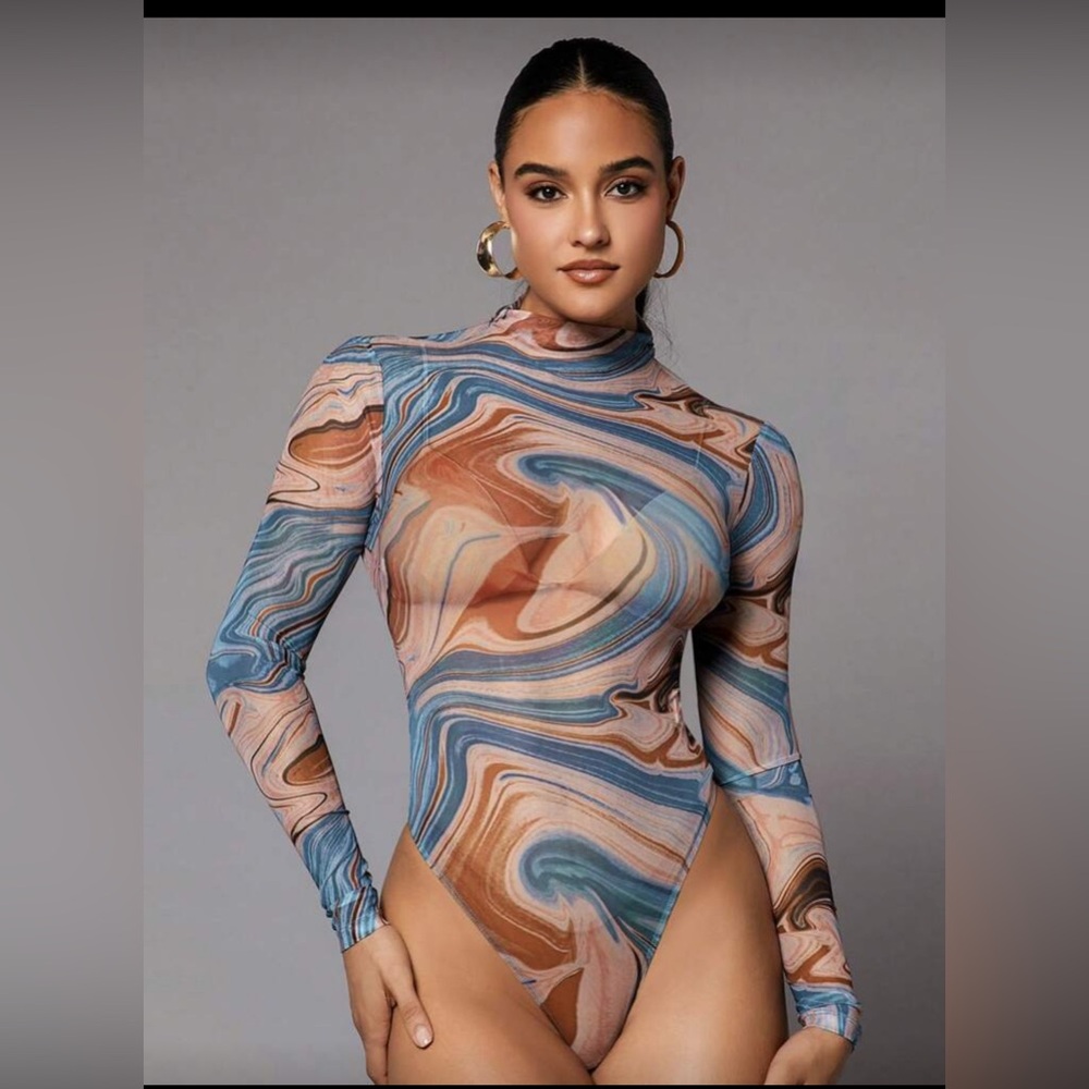 Marble Print Long Sleeve Turtleneck Bodysuit